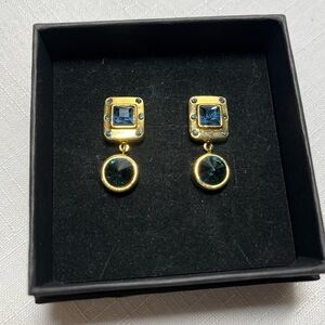 Vintage MCM Gold and Blue Drop Stud Hanging Earrings